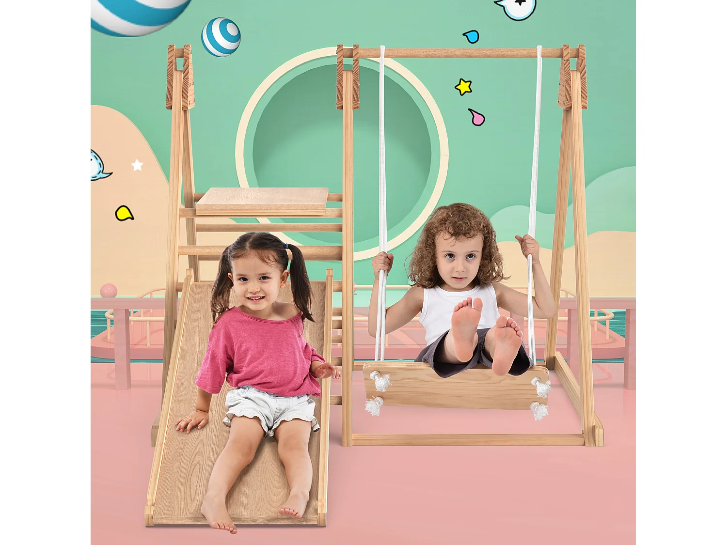 Toboggan et balançoire 3 en 1 pour enfants - 121 x 47 x 14 - en bois - avec structure d'escalade - nuturel
