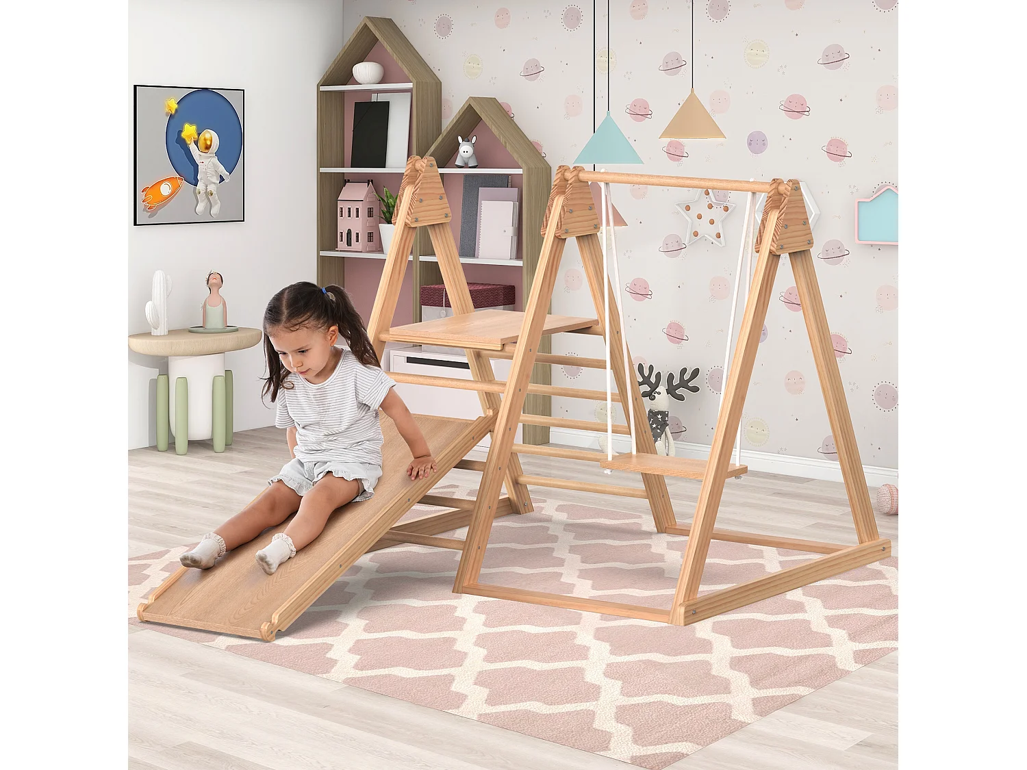 Toboggan et balançoire 3 en 1 pour enfants - 121 x 47 x 14 - en bois - avec structure d'escalade - nuturel