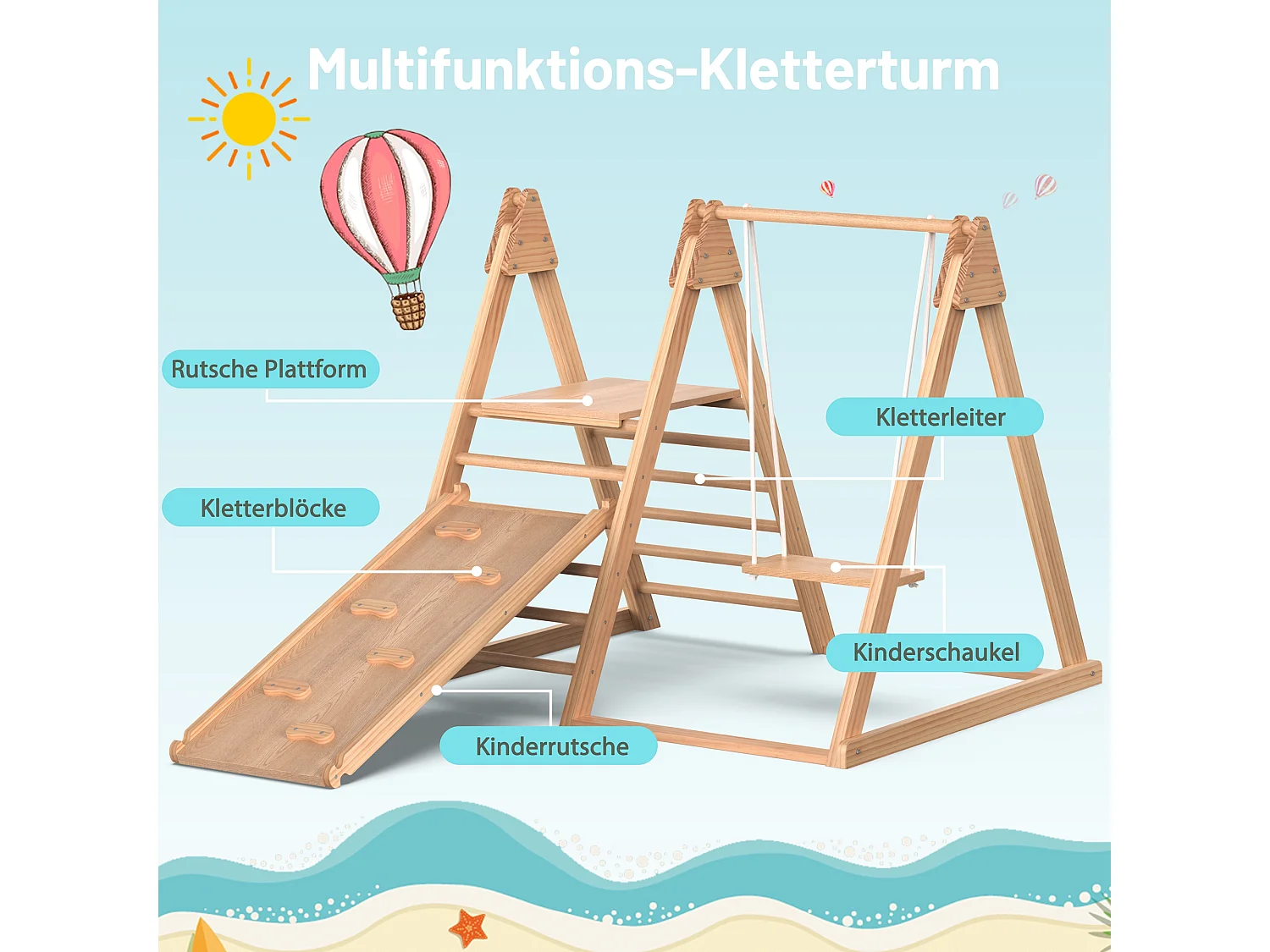 Toboggan et balançoire 3 en 1 pour enfants - 121 x 47 x 14 - en bois - avec structure d'escalade - nuturel