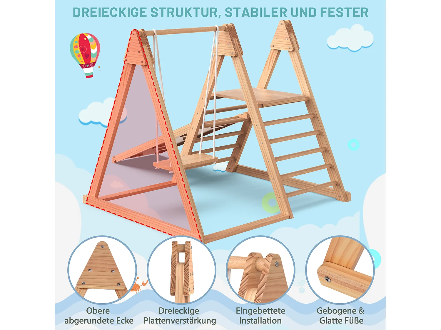 Toboggan et balançoire 3 en 1 pour enfants - 121 x 47 x 14 - en bois - avec structure d'escalade - nuturel