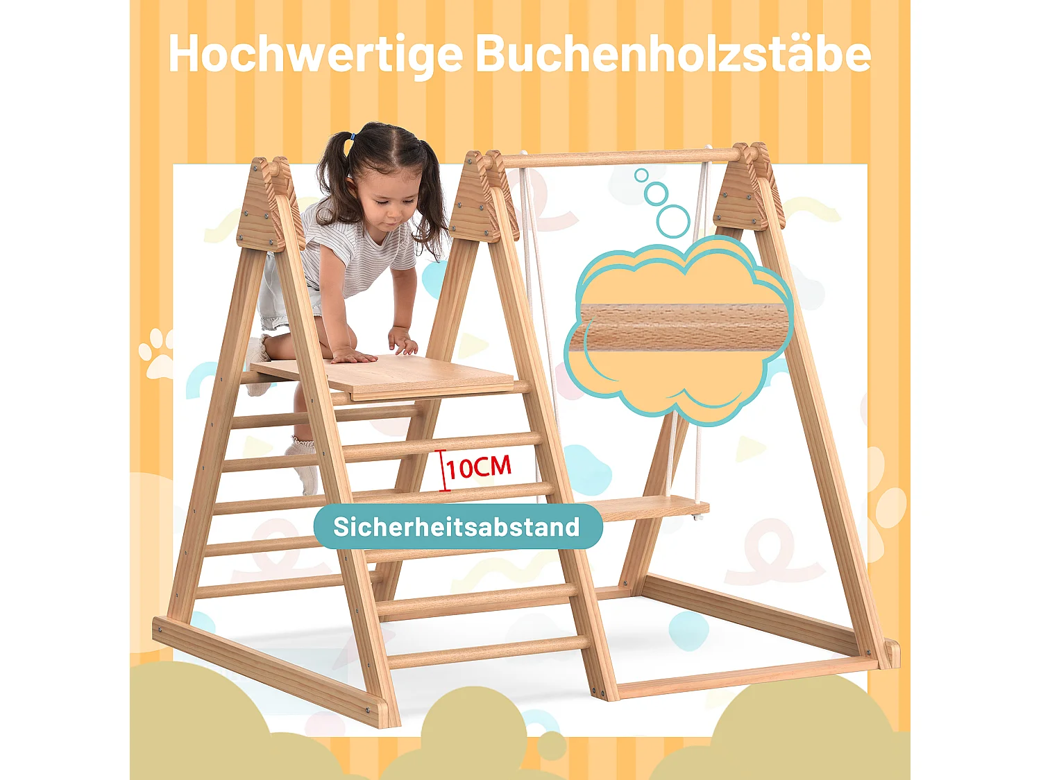 Toboggan et balançoire 3 en 1 pour enfants - 121 x 47 x 14 - en bois - avec structure d'escalade - nuturel