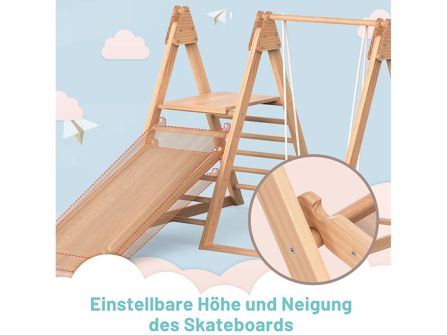 Toboggan et balançoire 3 en 1 pour enfants - 121 x 47 x 14 - en bois - avec structure d'escalade - nuturel