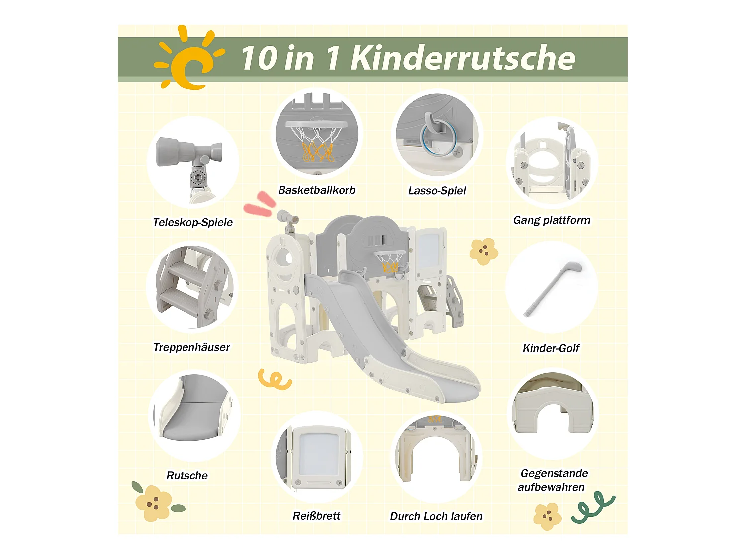 10-in-1 klimtoestel voor kinderen - 172 x 165 x 95 cm - HDPE - met klimrek en opbergruimte - Grijs