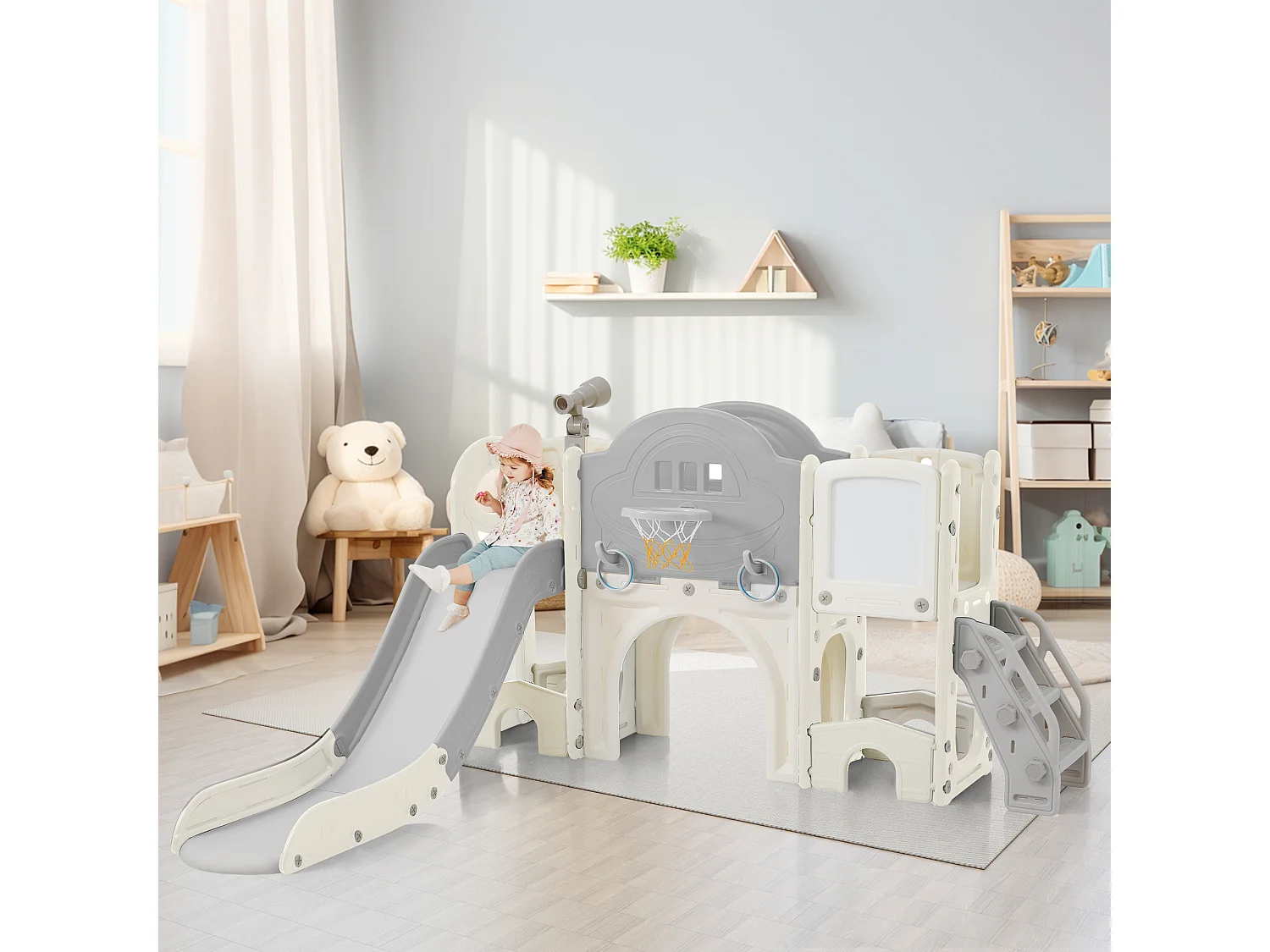 Toboggans Jouet d'escalade 10 en 1 pour enfants - 172 x 165 x 95cm - en HDPE - avec escalade et espace de rangement - Gris