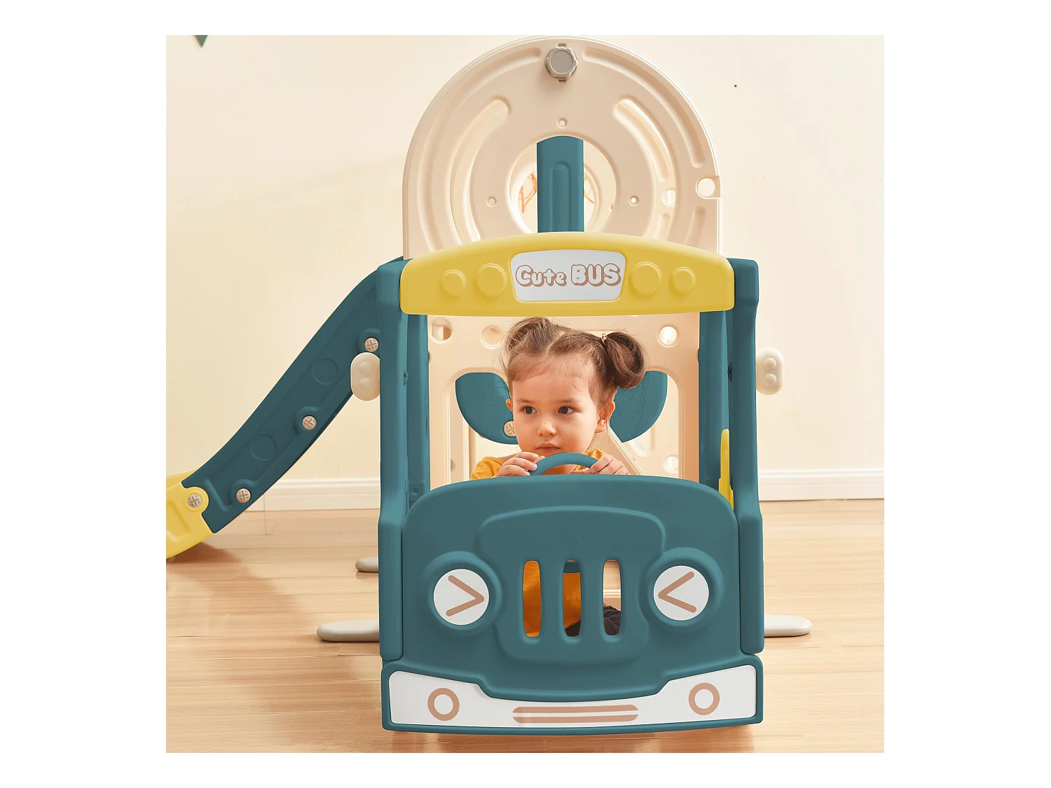 Ensemble de toboggans pour enfants 4 en 1 - 171 x 109 x 100cm - en HDPE - avec bus et panier de basket - vert