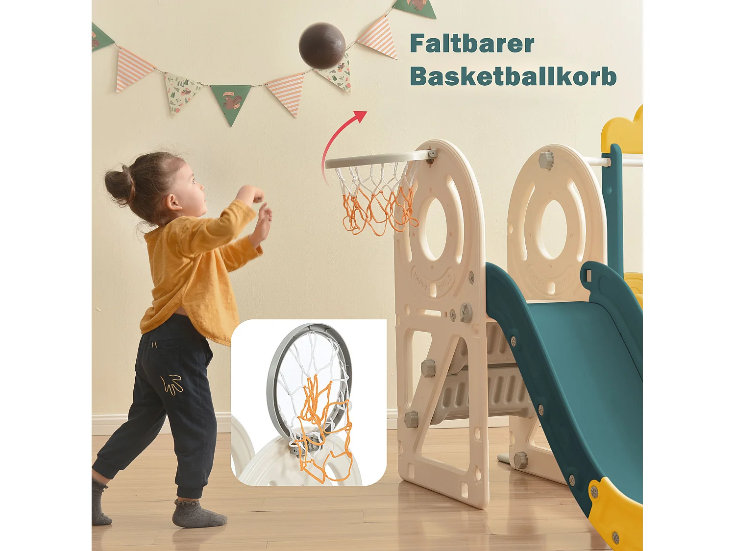 Ensemble de toboggans pour enfants 4 en 1 - 171 x 109 x 100cm - en HDPE - avec bus et panier de basket - vert