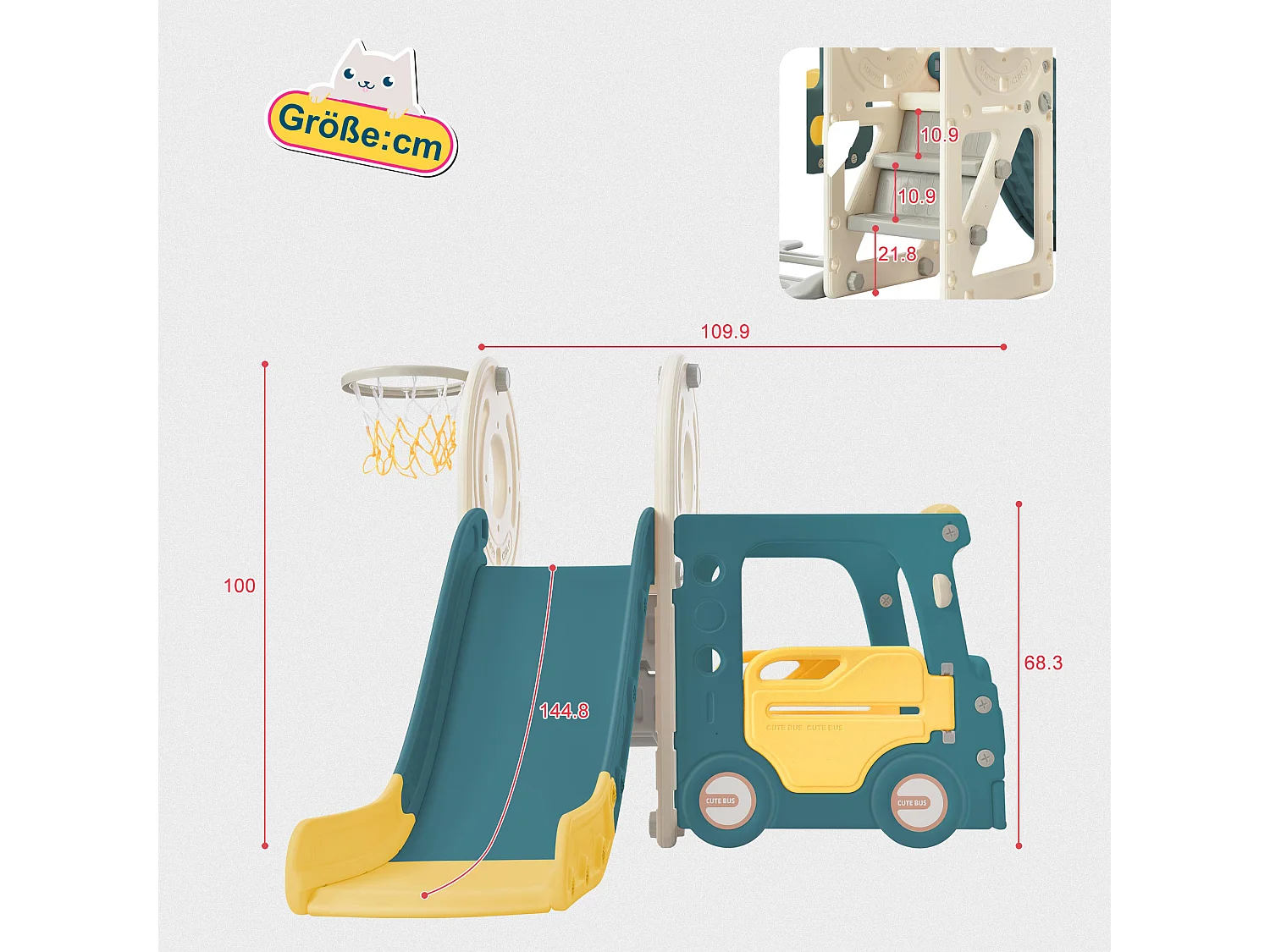 Ensemble de toboggans pour enfants 4 en 1 - 171 x 109 x 100cm - en HDPE - avec bus et panier de basket - vert