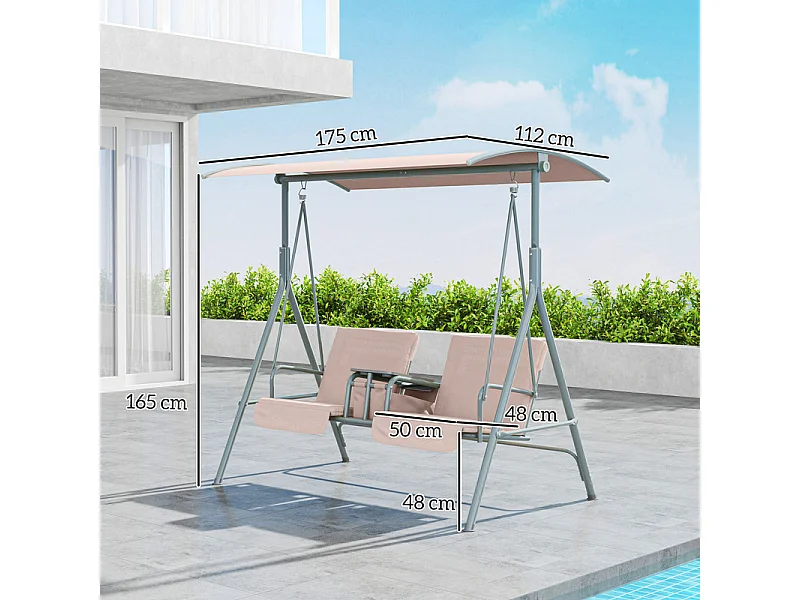 Balancelle de jardin 2 places avec porte-gobelets, sac de rangement et auvent réglable - charge max 180kg - 175x112x165cm