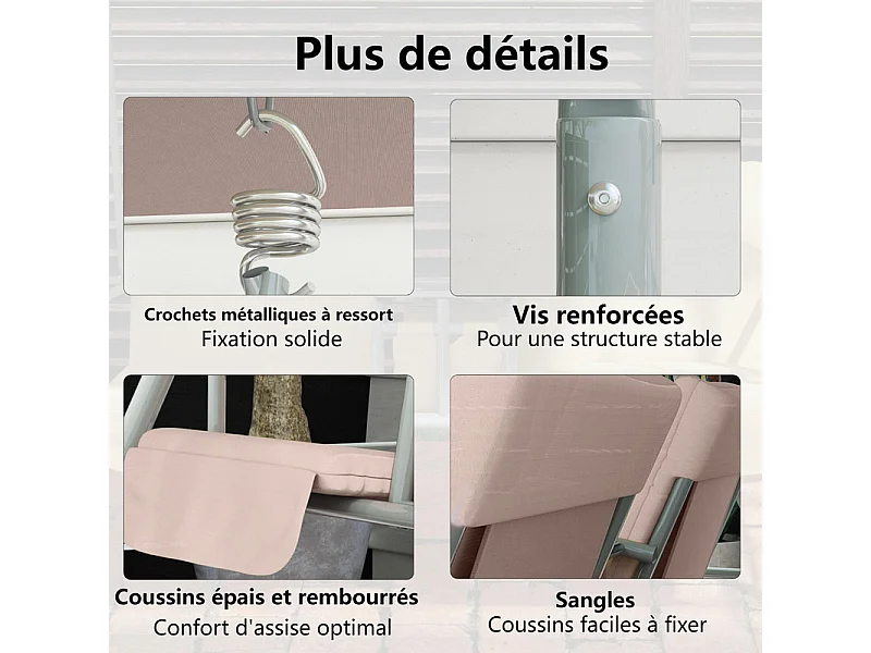 Balancelle de jardin 2 places avec porte-gobelets, sac de rangement et auvent réglable - charge max 180kg - 175x112x165cm