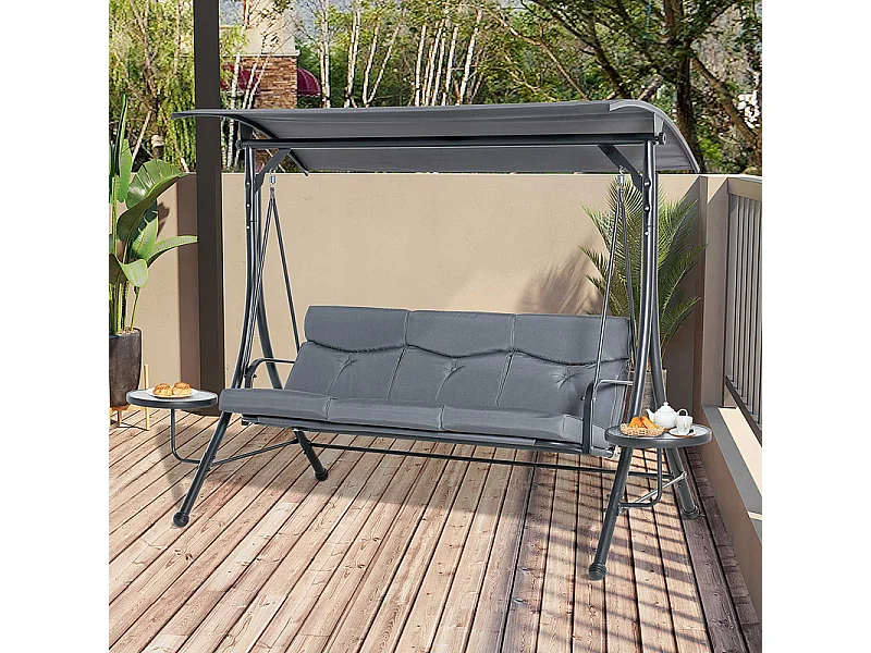 Balancelle de jardin 3 places - avec auvent réglable, 2 table basse, coussins - charge max 300kg - 271x125x177cm