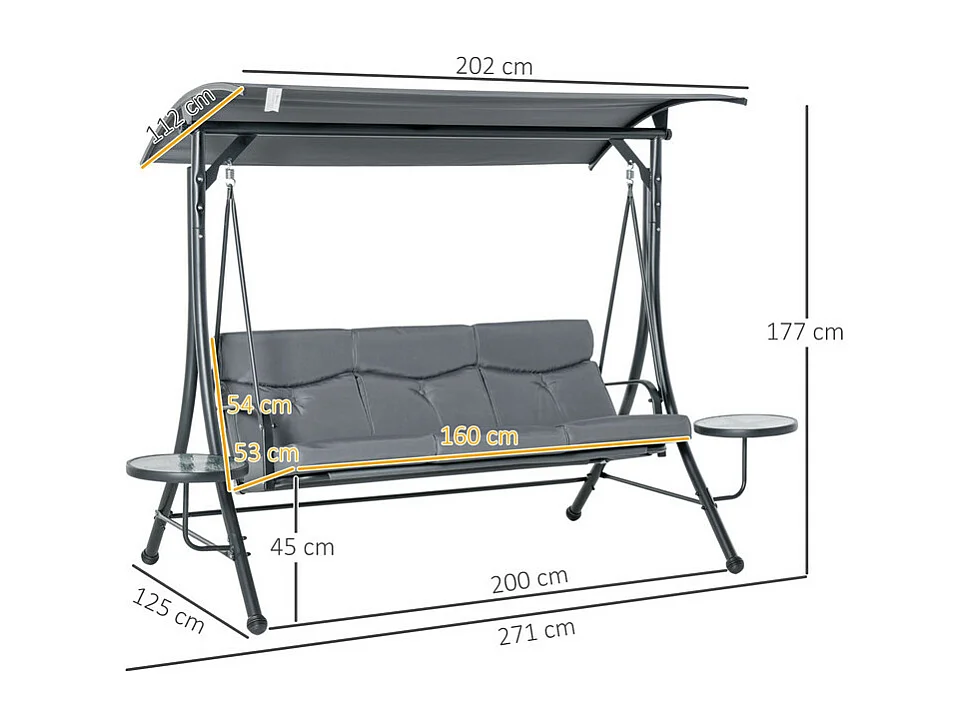 Balancelle de jardin 3 places - avec auvent réglable, 2 table basse, coussins - charge max 300kg - 271x125x177cm