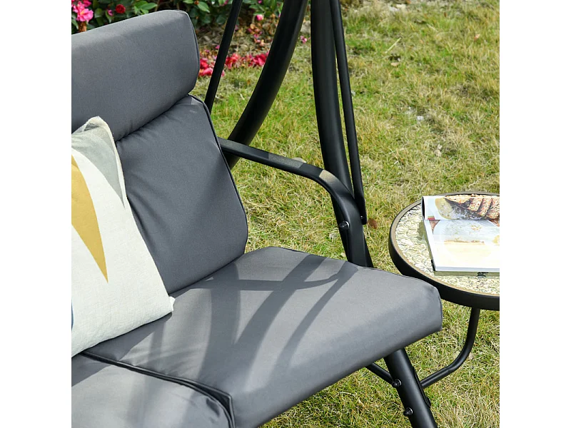 Balancelle de jardin 3 places - avec auvent réglable, 2 table basse, coussins - charge max 300kg - 271x125x177cm