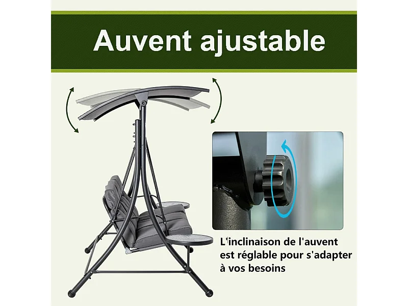 Balancelle de jardin 3 places - avec auvent réglable, 2 table basse, coussins - charge max 300kg - 271x125x177cm