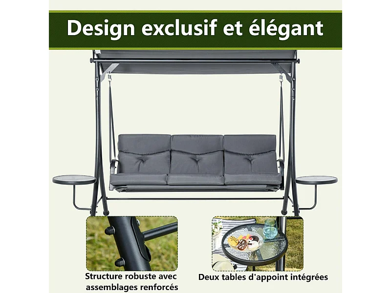 Balancelle de jardin 3 places - avec auvent réglable, 2 table basse, coussins - charge max 300kg - 271x125x177cm