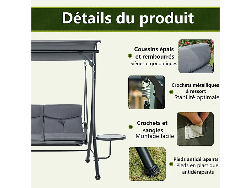 Balancelle de jardin 3 places - avec auvent réglable, 2 table basse, coussins - charge max 300kg - 271x125x177cm