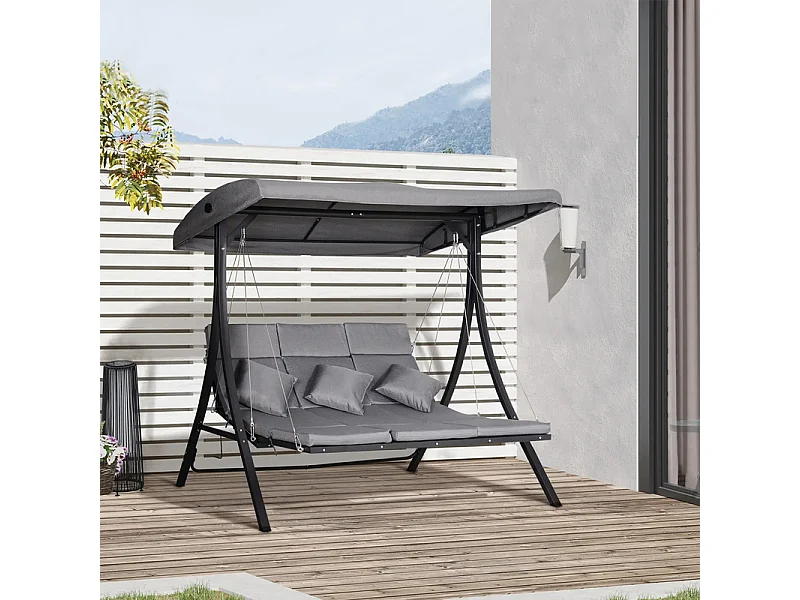 Balancelle jardin 3 places, Chaise longue 156x89cm, avec auvent réglable, coussins inclus, charge max 270kg, 200x115x168cm