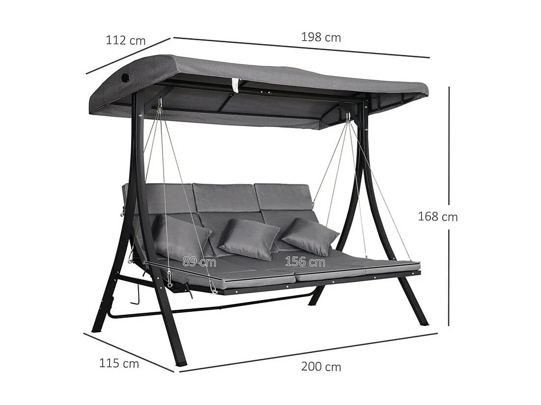 Balancelle jardin 3 places, Chaise longue 156x89cm, avec auvent réglable, coussins inclus, charge max 270kg, 200x115x168cm