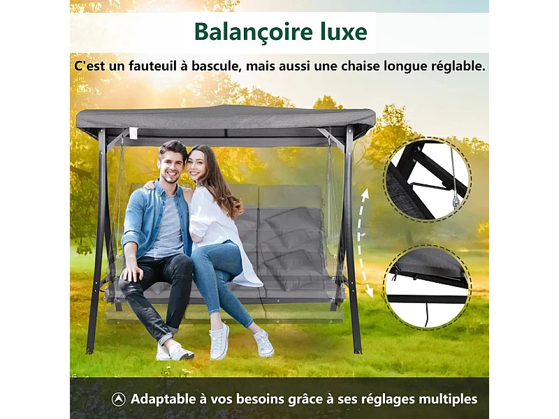 Balancelle jardin 3 places, Chaise longue 156x89cm, avec auvent réglable, coussins inclus, charge max 270kg, 200x115x168cm