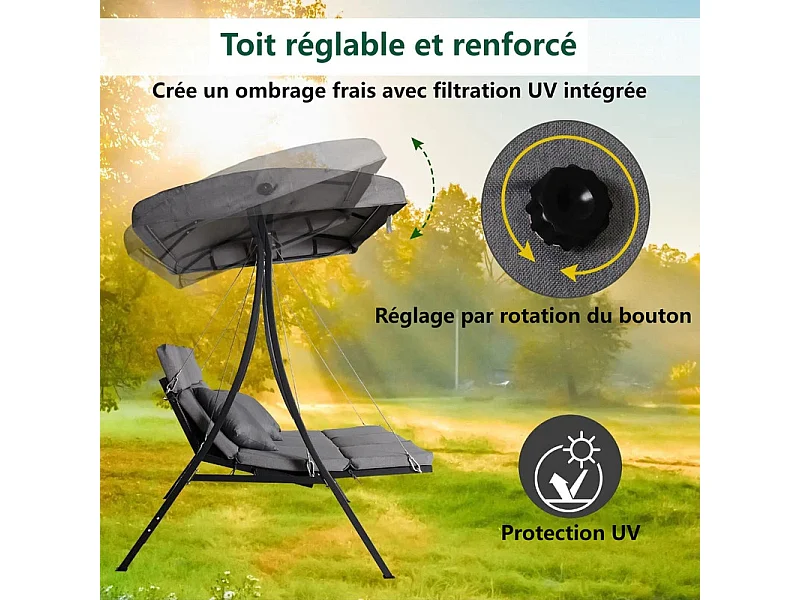 Balancelle jardin 3 places, Chaise longue 156x89cm, avec auvent réglable, coussins inclus, charge max 270kg, 200x115x168cm
