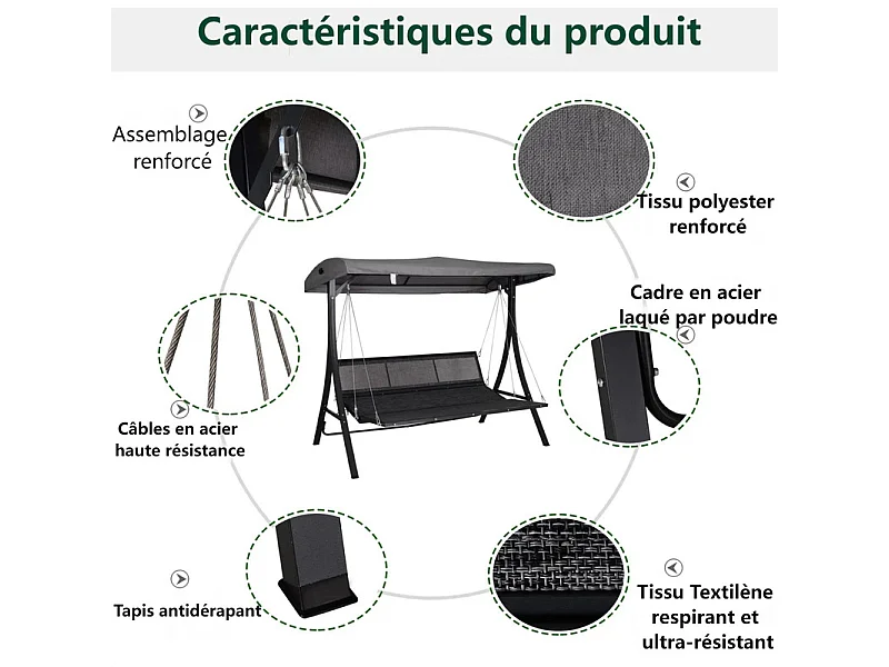 Balancelle jardin 3 places, Chaise longue 156x89cm, avec auvent réglable, coussins inclus, charge max 270kg, 200x115x168cm