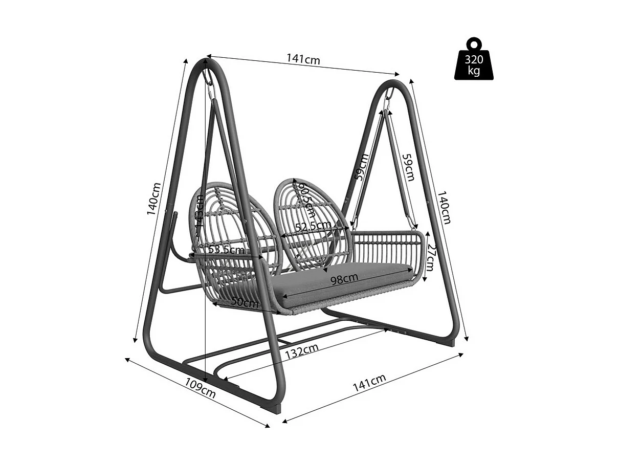 Balancelle de jardin en rotin PE - 2 Places - coussins inclus - charge max 320kg - 141x109x143cm