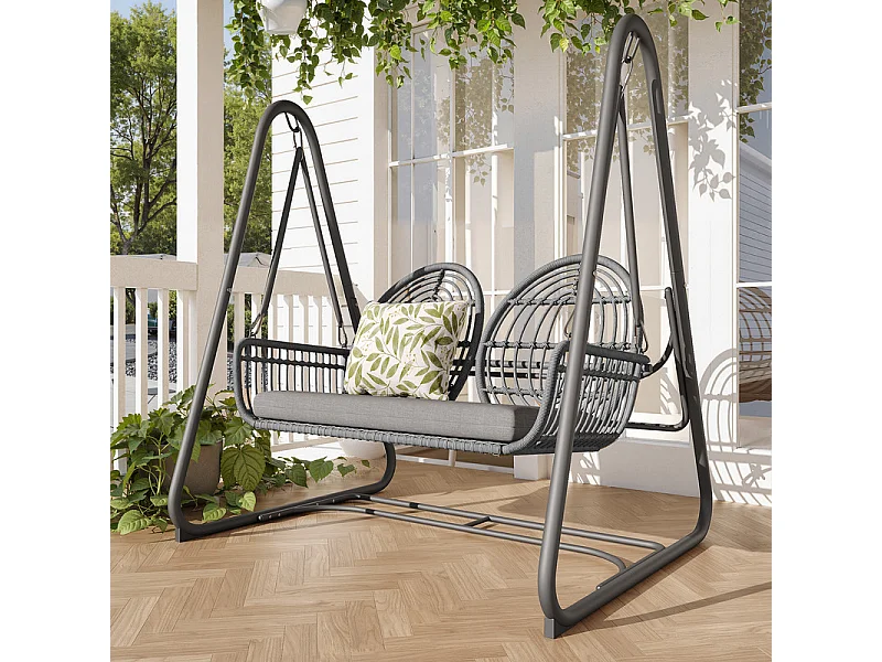 Balancelle de jardin en rotin PE - 2 Places - coussins inclus - charge max 320kg - 141x109x143cm