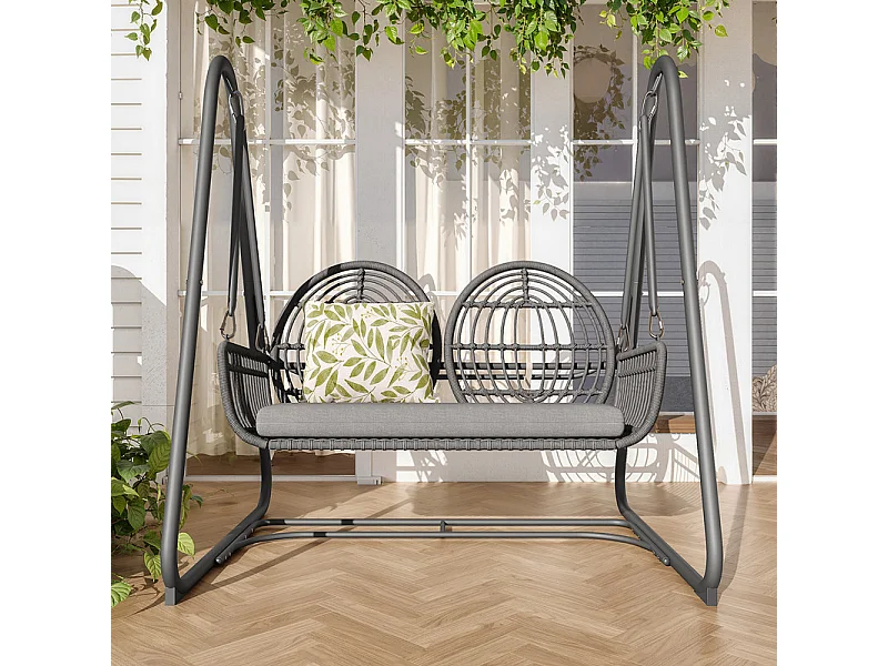Balancelle de jardin en rotin PE - 2 Places - coussins inclus - charge max 320kg - 141x109x143cm