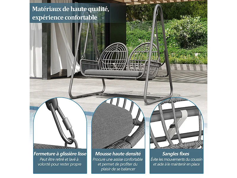 Balancelle de jardin en rotin PE - 2 Places - coussins inclus - charge max 320kg - 141x109x143cm