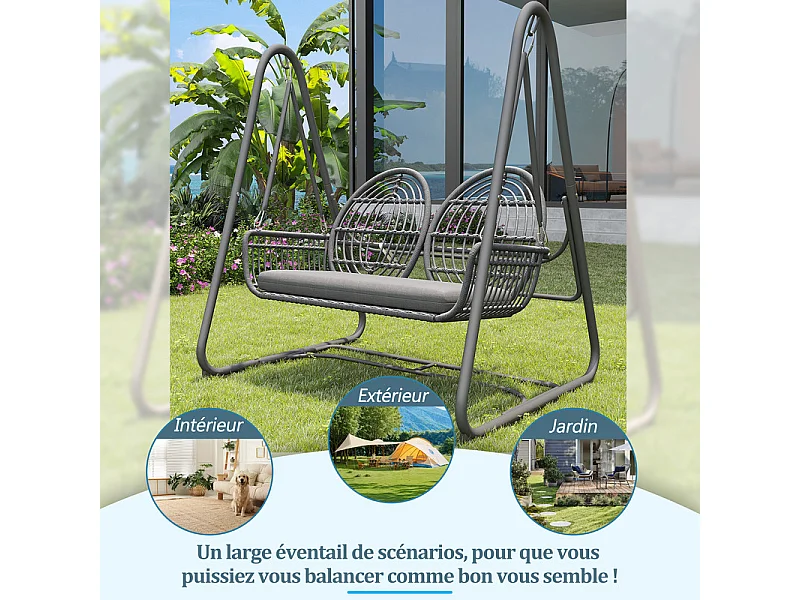 Balancelle de jardin en rotin PE - 2 Places - coussins inclus - charge max 320kg - 141x109x143cm