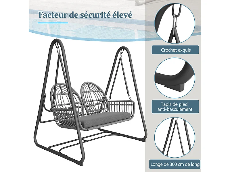 Balancelle de jardin en rotin PE - 2 Places - coussins inclus - charge max 320kg - 141x109x143cm