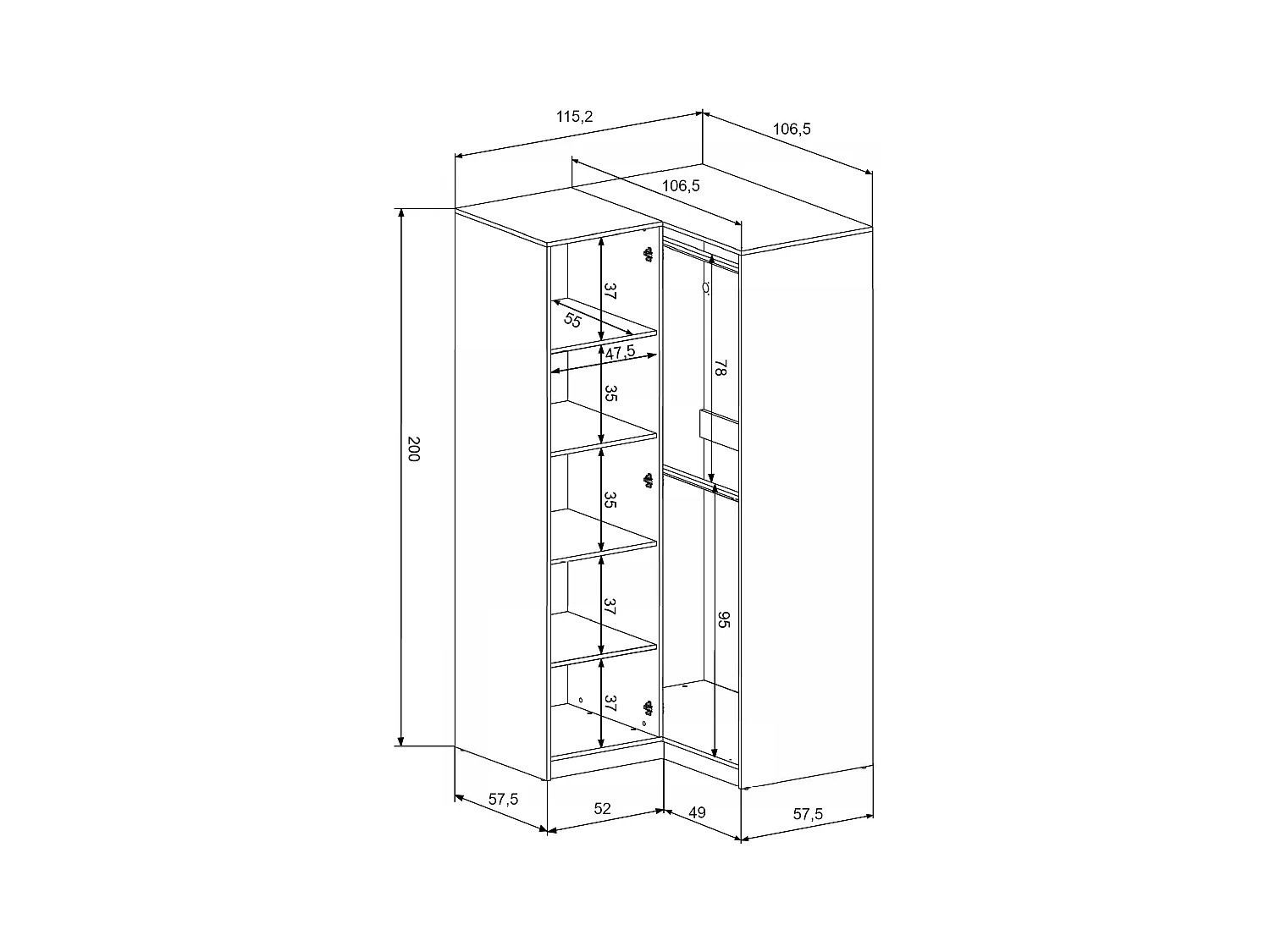 Armoire d'angle 2 portes - L115 cm - Blanc + Réhausse - LIZANDRO