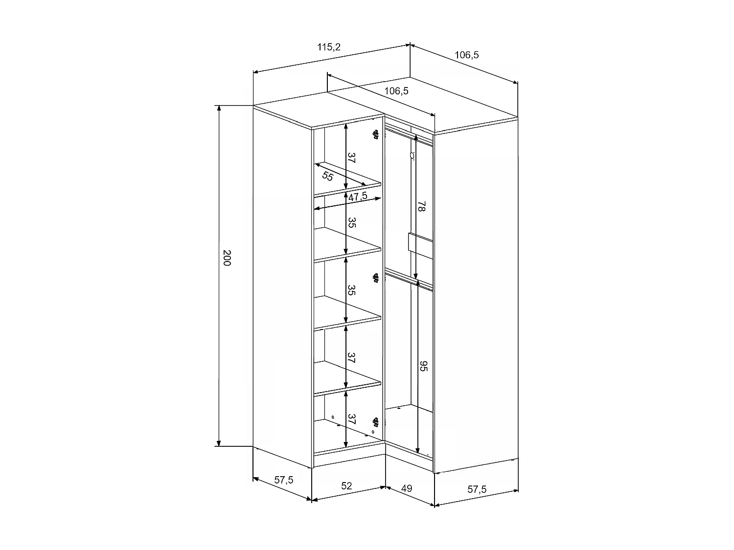Armoire d'angle 2 portes - L115 cm - Blanc + Réhausse - LIZANDRO