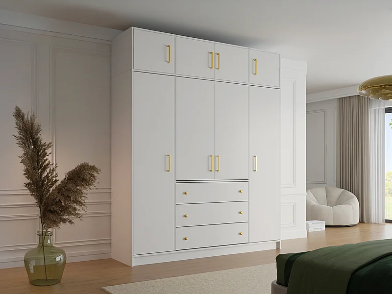 Kleiderschrank mit 4 Türen & 3 Schubladen + Aufsatz - 196 cm - Weiß - LIZANDRO