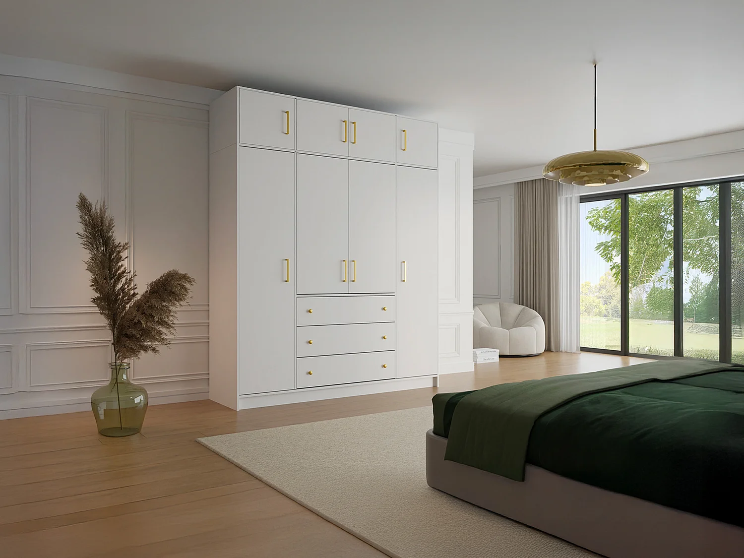 Guarda-roupa 4 portas e 3 gavetas, C196 cm, branco + módulo superior - LIZANDRO