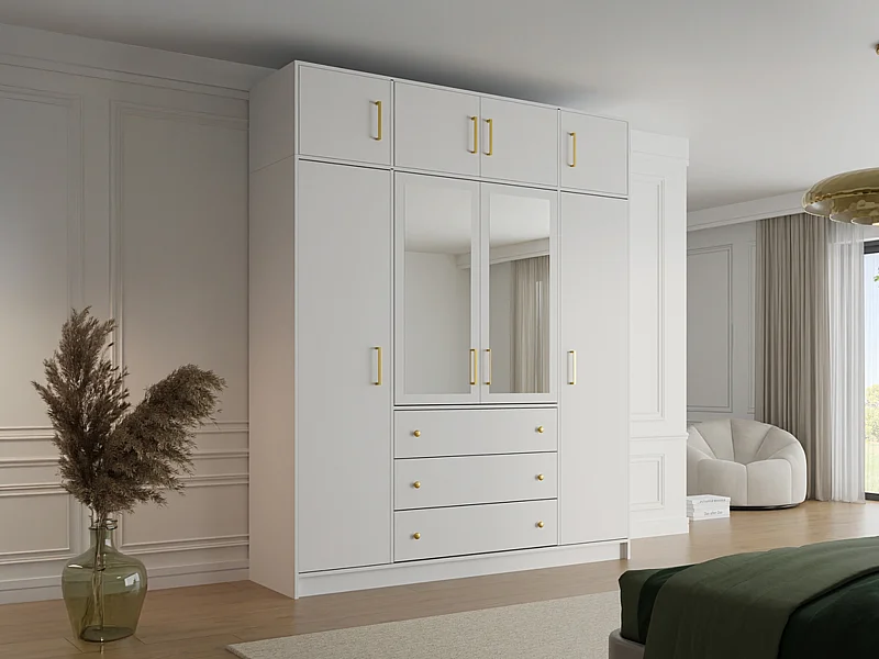 Kleiderschrank mit 4 Türen & 3 Schubladen + Aufsatz - Mit Spiegel - 196 cm - Weiß - LIZANDRO