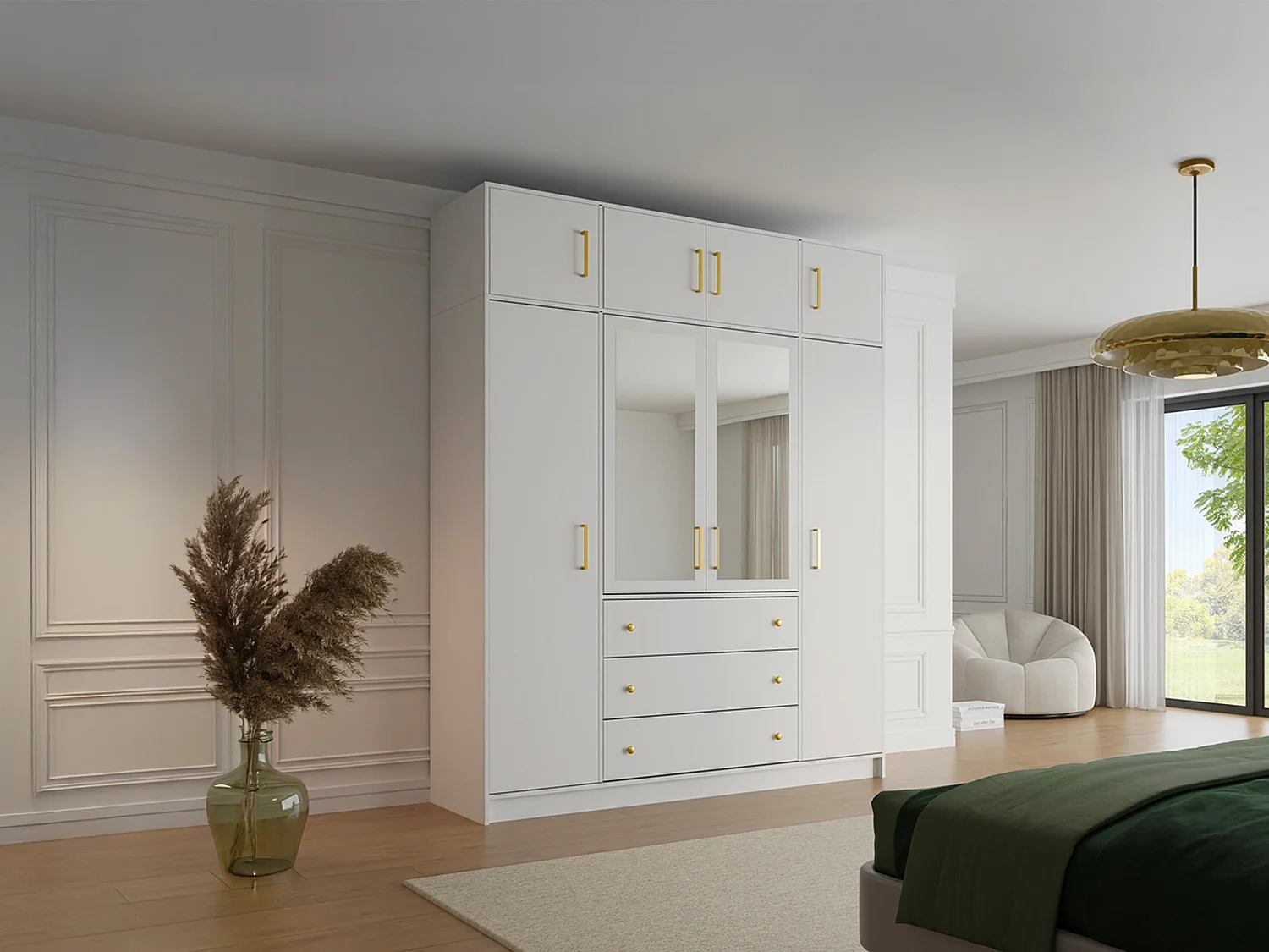 Armoire 4 portes et 3 tiroirs - Avec miroirs - L196 cm - Blanc + Réhausse - LIZANDRO