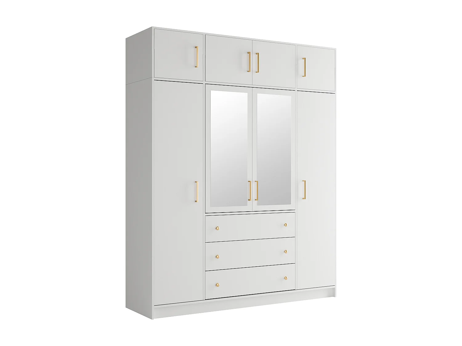 Armoire 4 portes et 3 tiroirs - Avec miroirs - L196 cm - Blanc + Réhausse - LIZANDRO