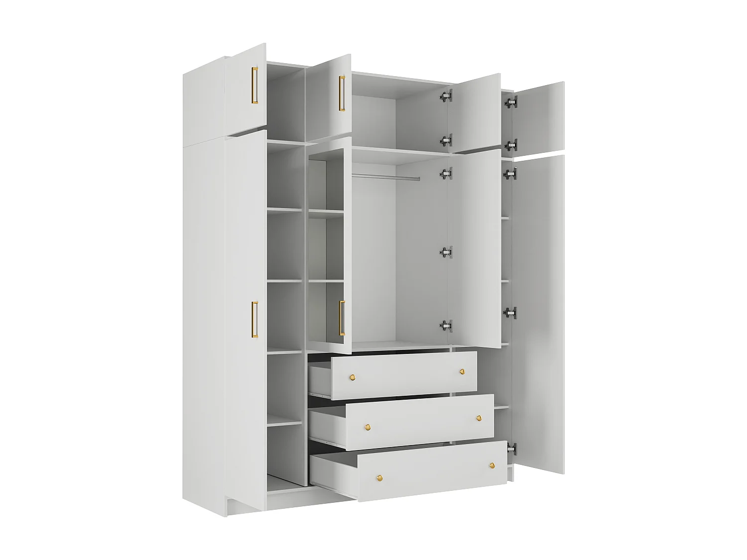 Armoire 4 portes et 3 tiroirs - Avec miroirs - L196 cm - Blanc + Réhausse - LIZANDRO