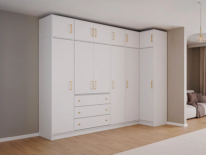 Armoire d'angle 6 portes et 3 tiroirs - L311 cm - Blanc + Réhausses - LIZANDRO