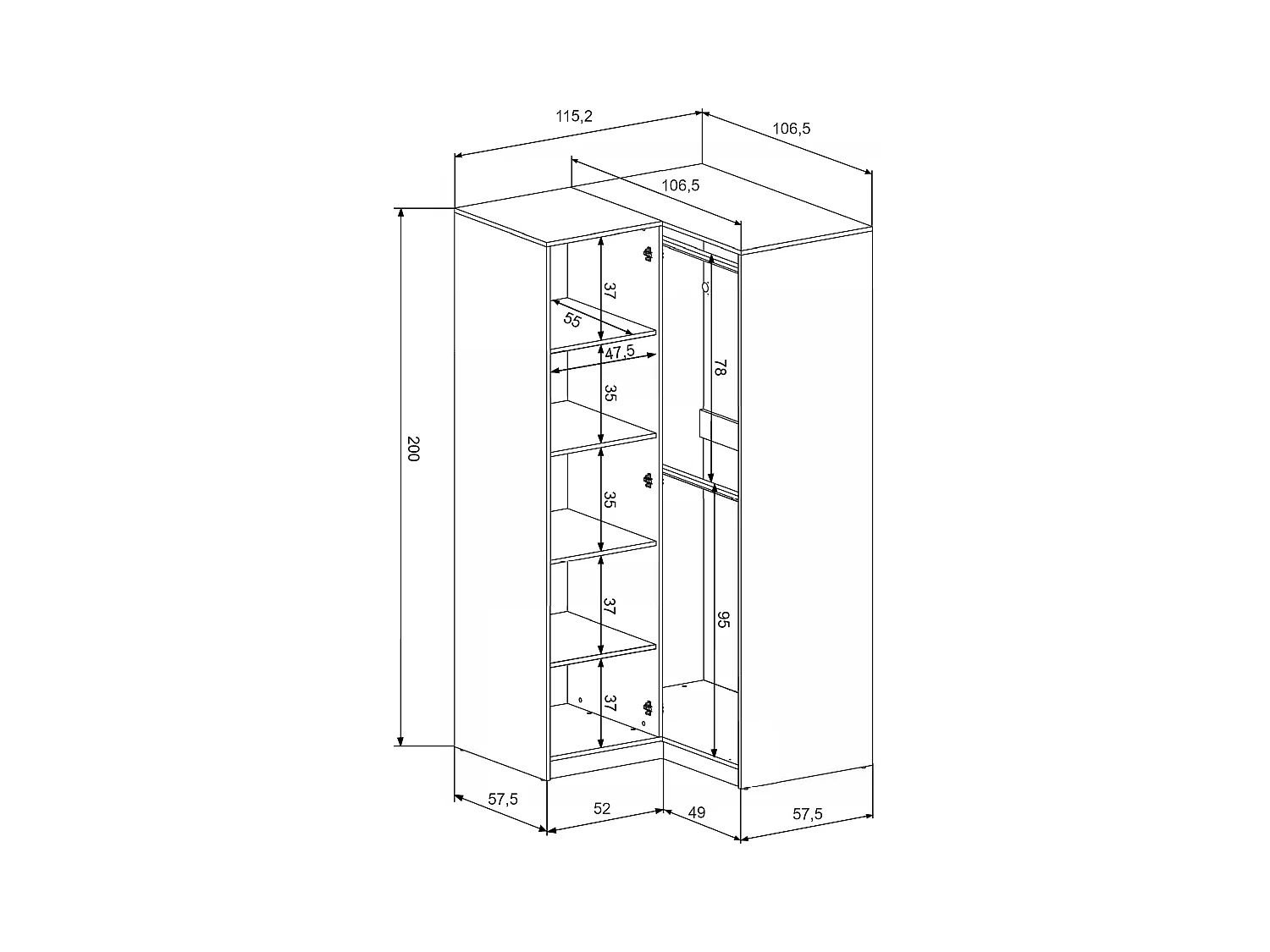 Armoire d'angle 6 portes et 3 tiroirs - L311 cm - Blanc + Réhausses - LIZANDRO