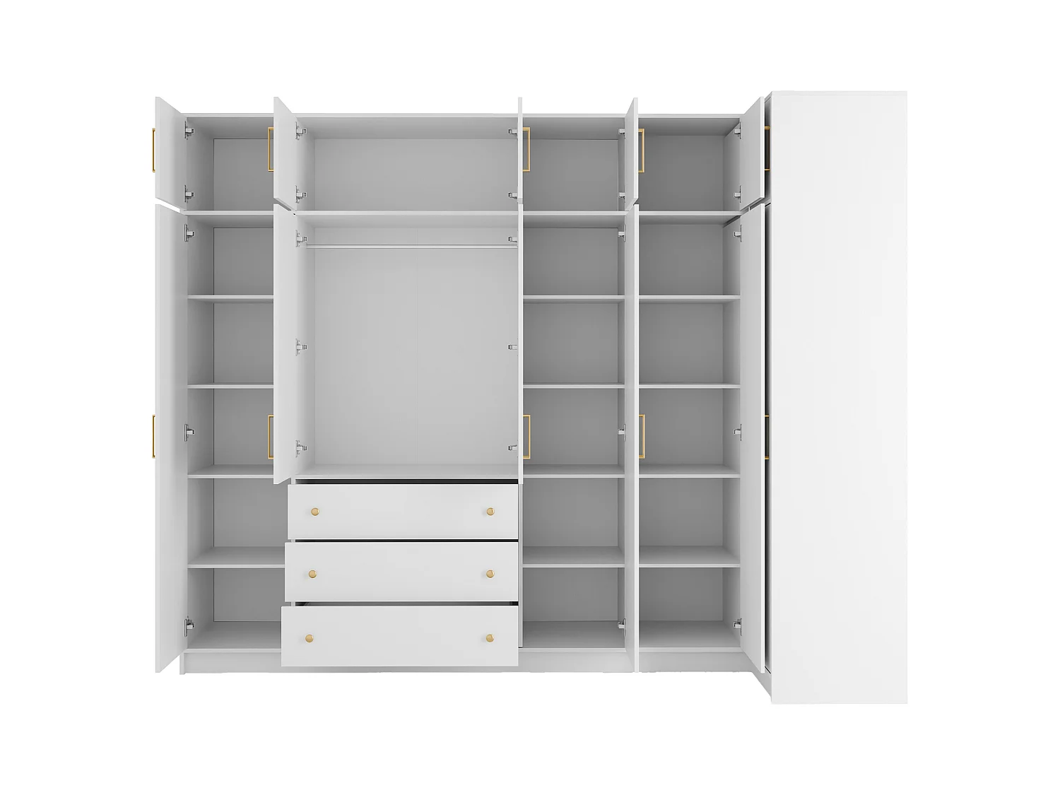 Armoire d'angle 6 portes et 3 tiroirs - L311 cm - Blanc + Réhausses - LIZANDRO