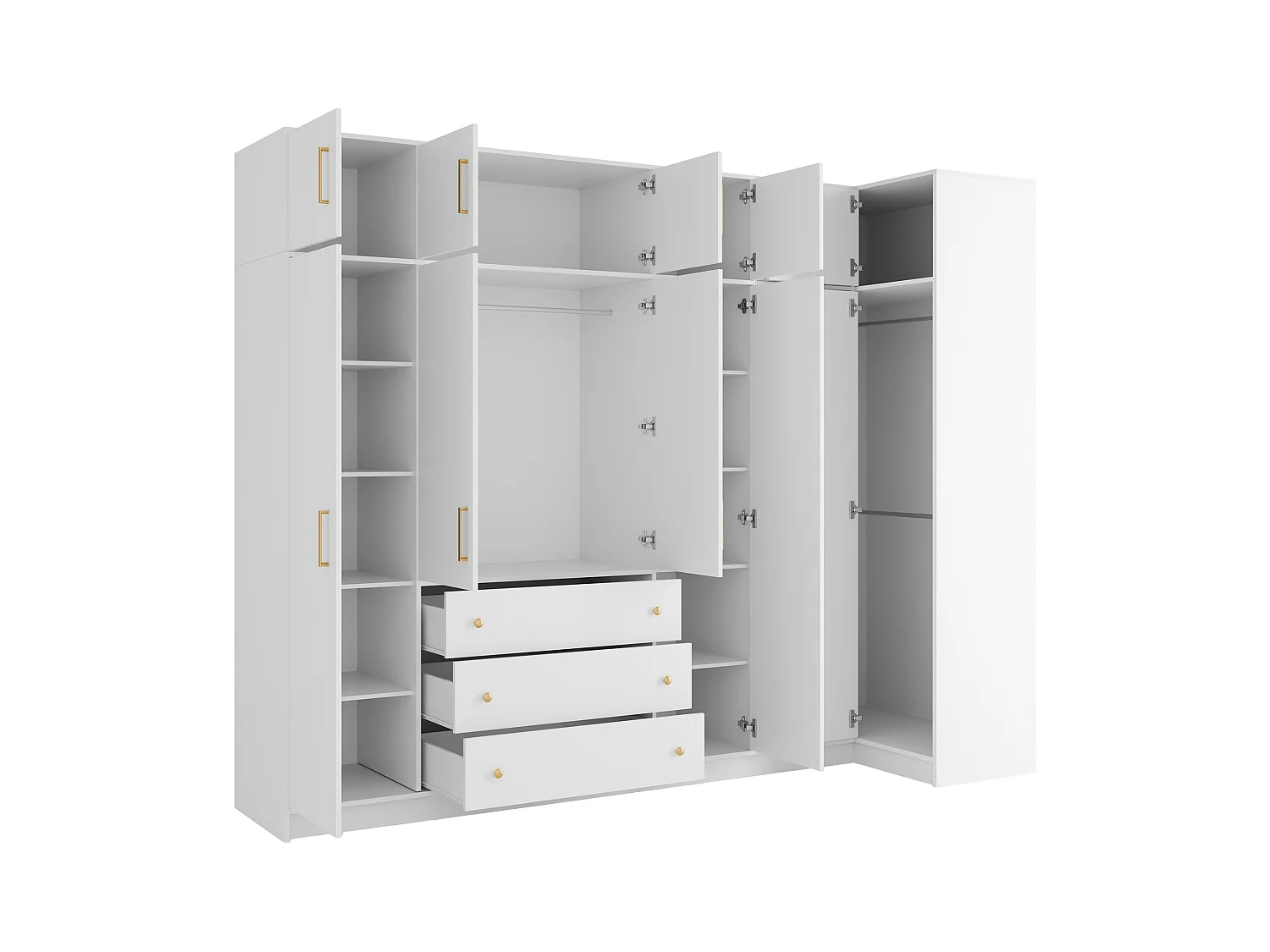 Armoire d'angle 6 portes et 3 tiroirs - L311 cm - Blanc + Réhausses - LIZANDRO