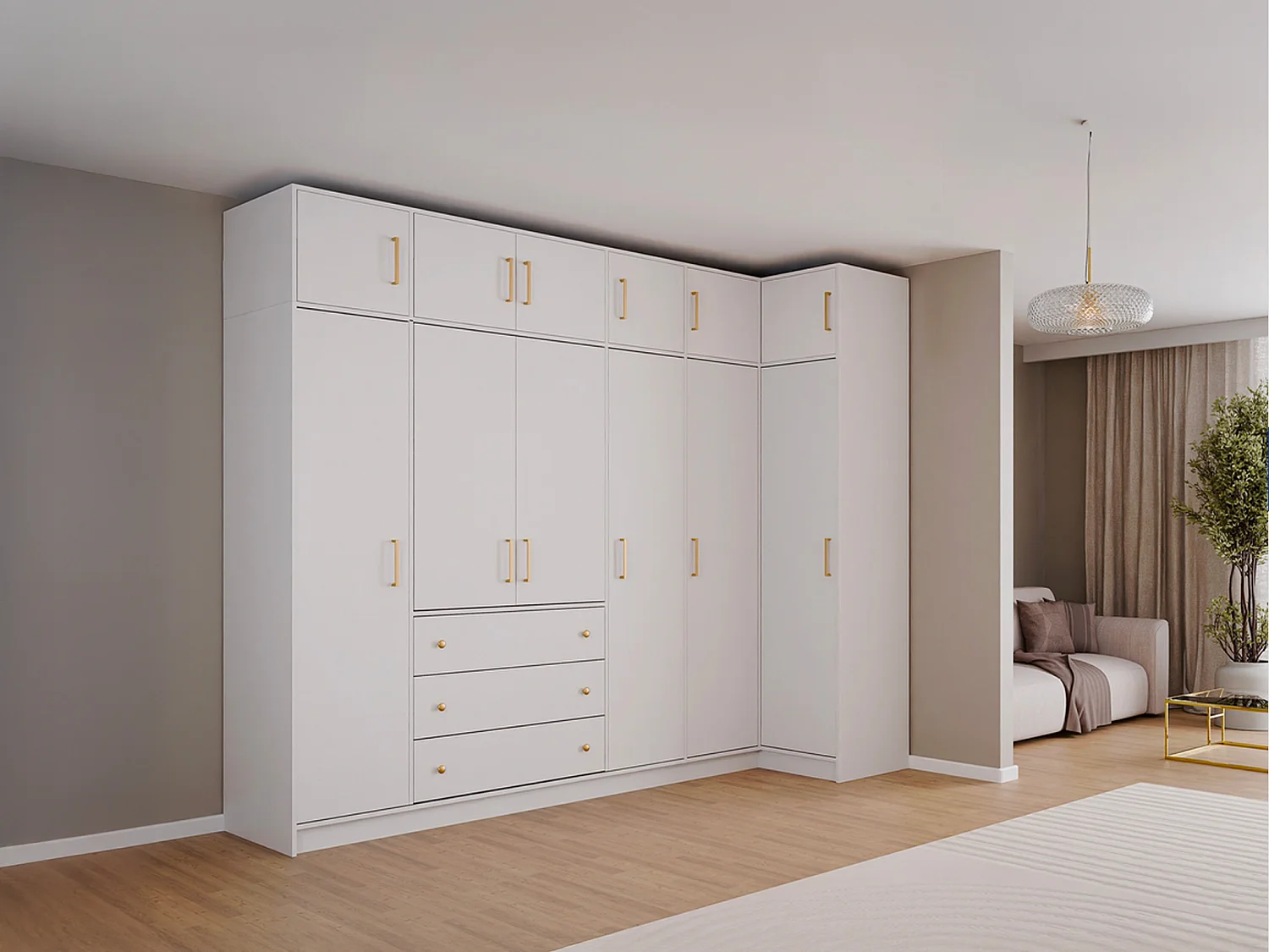 Armoire d'angle 6 portes et 3 tiroirs - L311 cm - Blanc + Réhausses - LIZANDRO