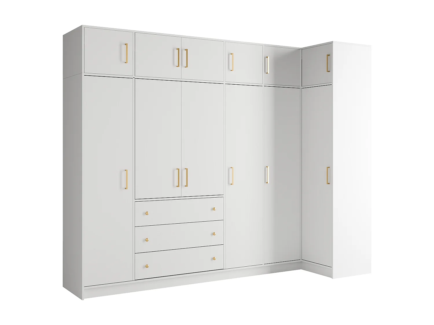 Armoire d'angle 6 portes et 3 tiroirs - L311 cm - Blanc + Réhausses - LIZANDRO