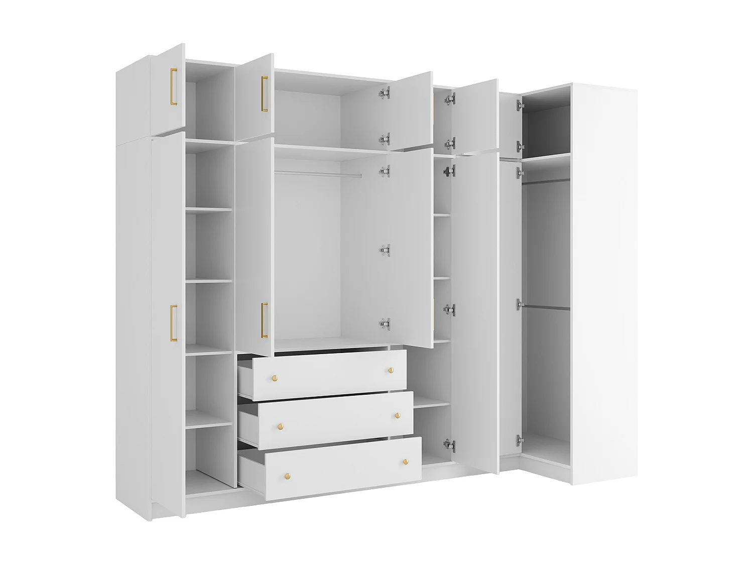 Armoire d'angle 6 portes et 3 tiroirs - L311 cm - Blanc + Réhausses - LIZANDRO