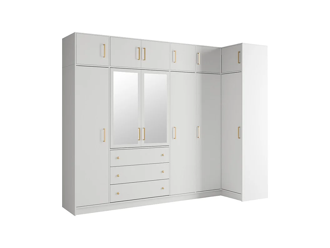 Armoire d'angle 6 portes et 3 tiroirs - Avec miroirs - L311 cm - Blanc + Réhausses - LIZANDRO