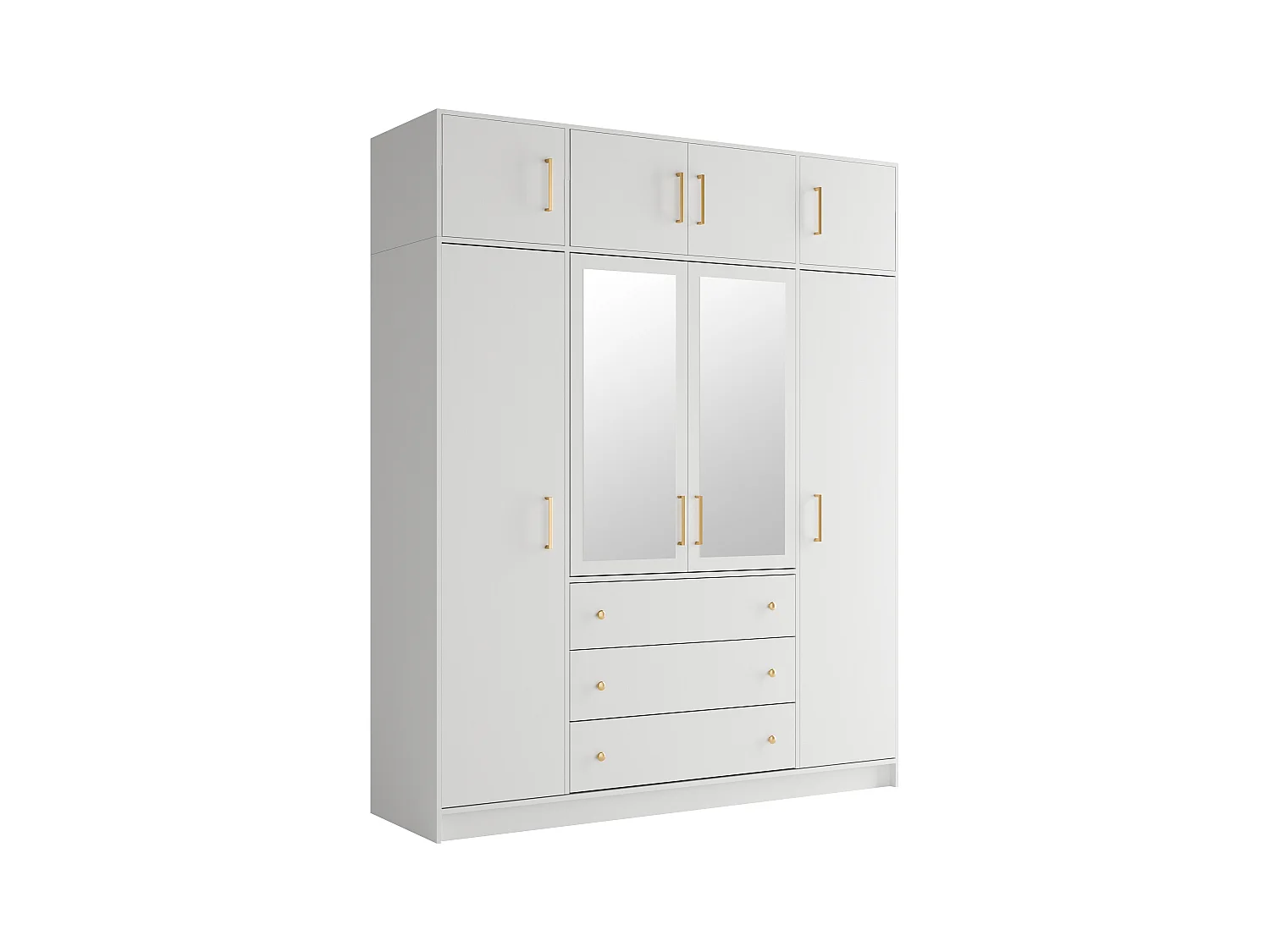Armoire d'angle 6 portes et 3 tiroirs - Avec miroirs - L311 cm - Blanc + Réhausses - LIZANDRO