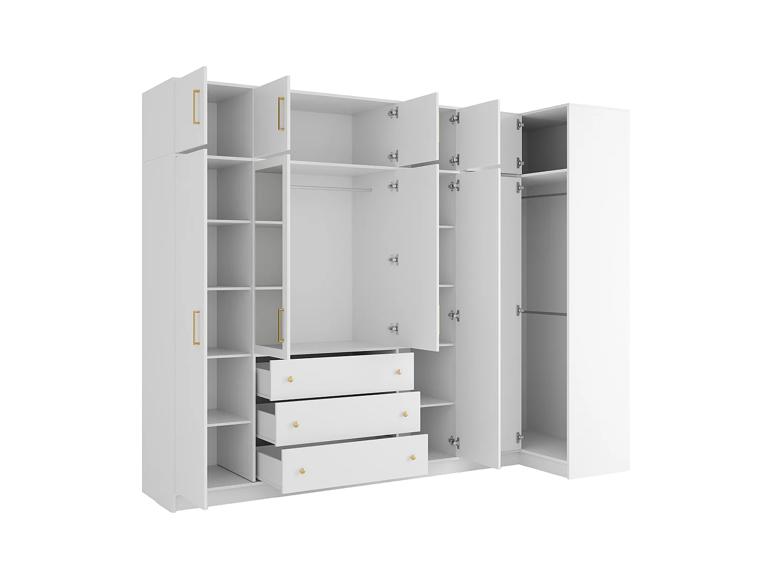 Armoire d'angle 6 portes et 3 tiroirs - Avec miroirs - L311 cm - Blanc + Réhausses - LIZANDRO