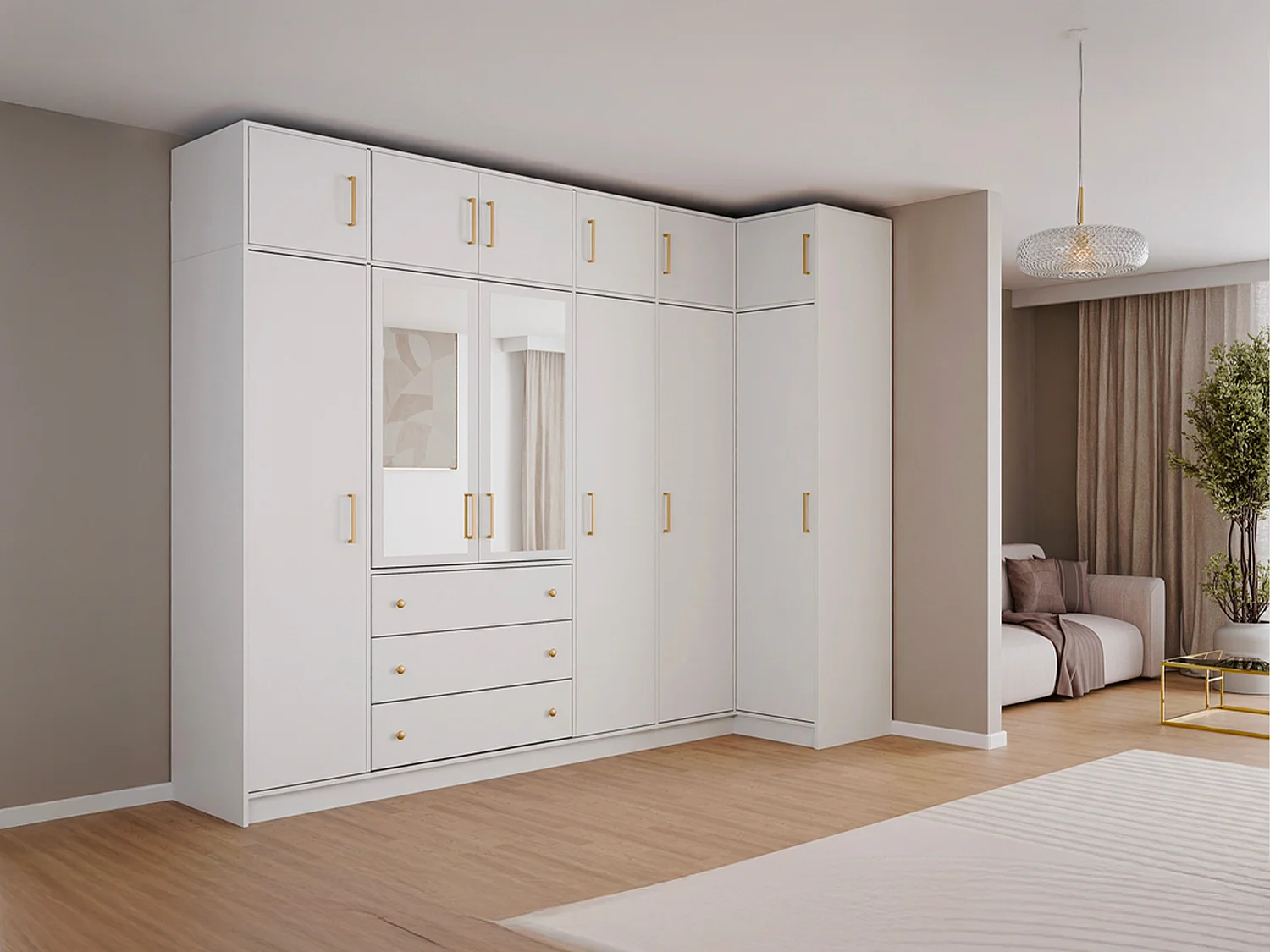 Armoire d'angle 6 portes et 3 tiroirs - Avec miroirs - L311 cm - Blanc + Réhausses - LIZANDRO