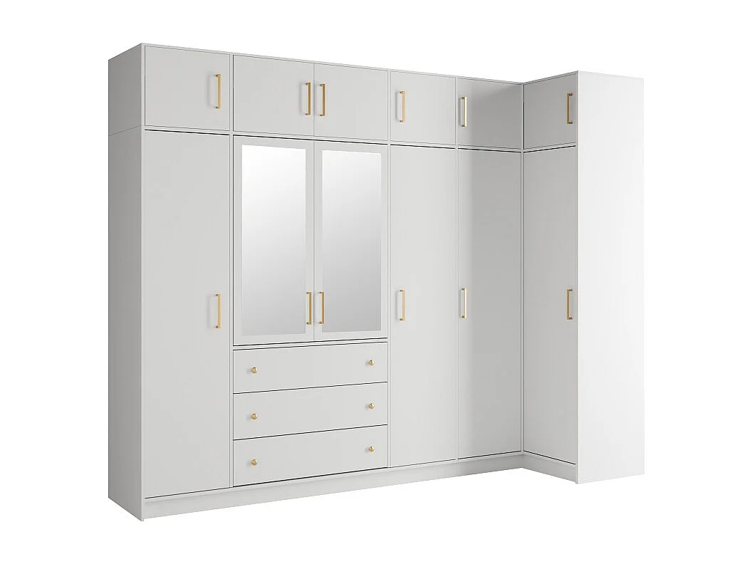 Armoire d'angle 6 portes et 3 tiroirs - Avec miroirs - L311 cm - Blanc + Réhausses - LIZANDRO